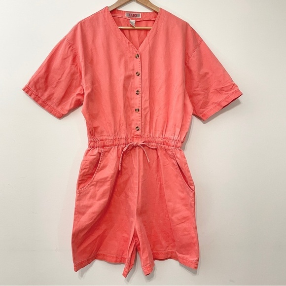 Vintage Salmon Orange Spring Cotton 80s Romper Playsuit Onesie - Picture 1 of 8